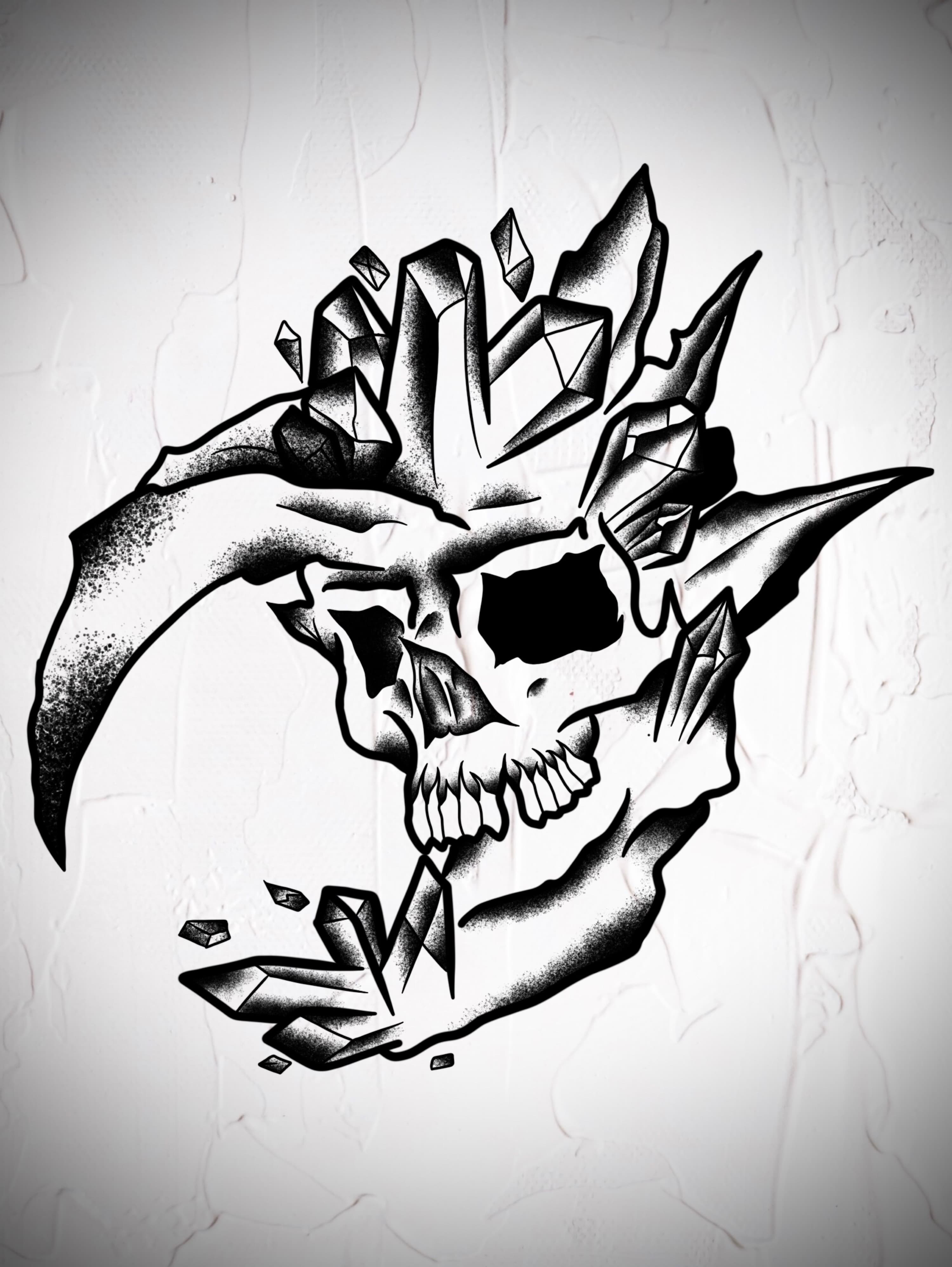 Blackwork tattoo flash design of a skull surrounded by jagged crystal shards
