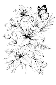 Fine line tattoo flash design of lilies and a butterfly