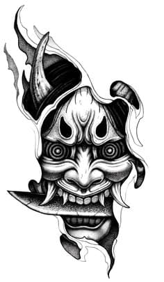 Japanese-style hannya mask tattoo flash design in bold blackwork
