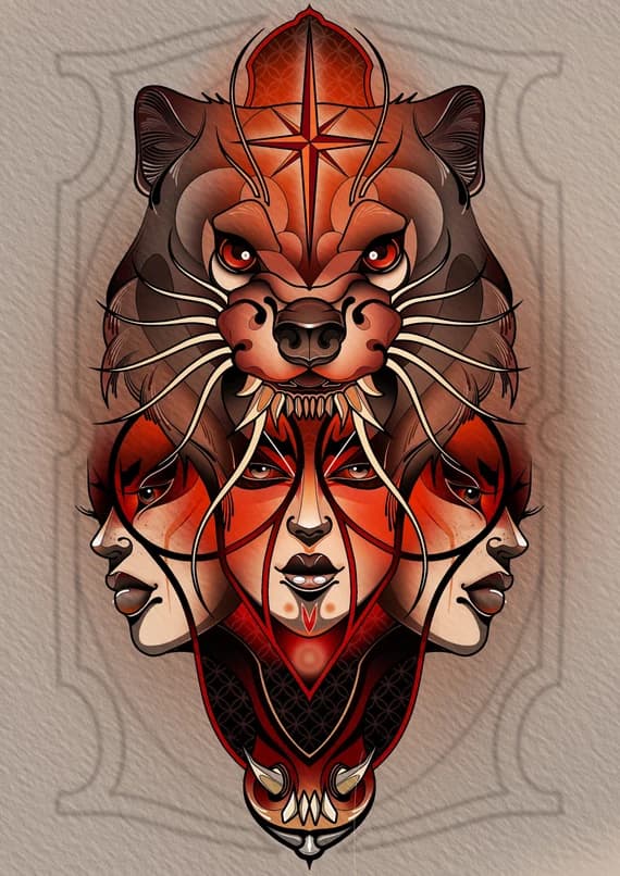 Neo-traditional tattoo flash design of a wolf head over a woman's face, in bold linework and warm color