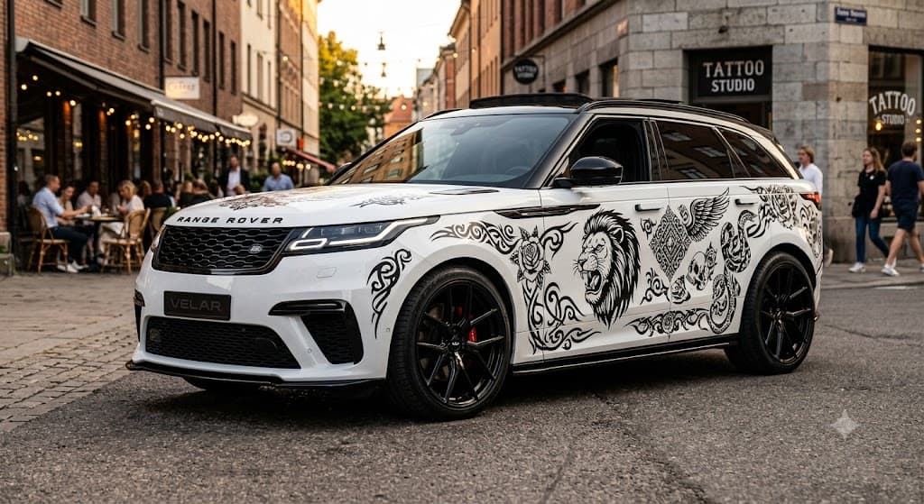 A white SUV with a custom lion, rose, and skull tattoo-style decal covering the door and rear panel